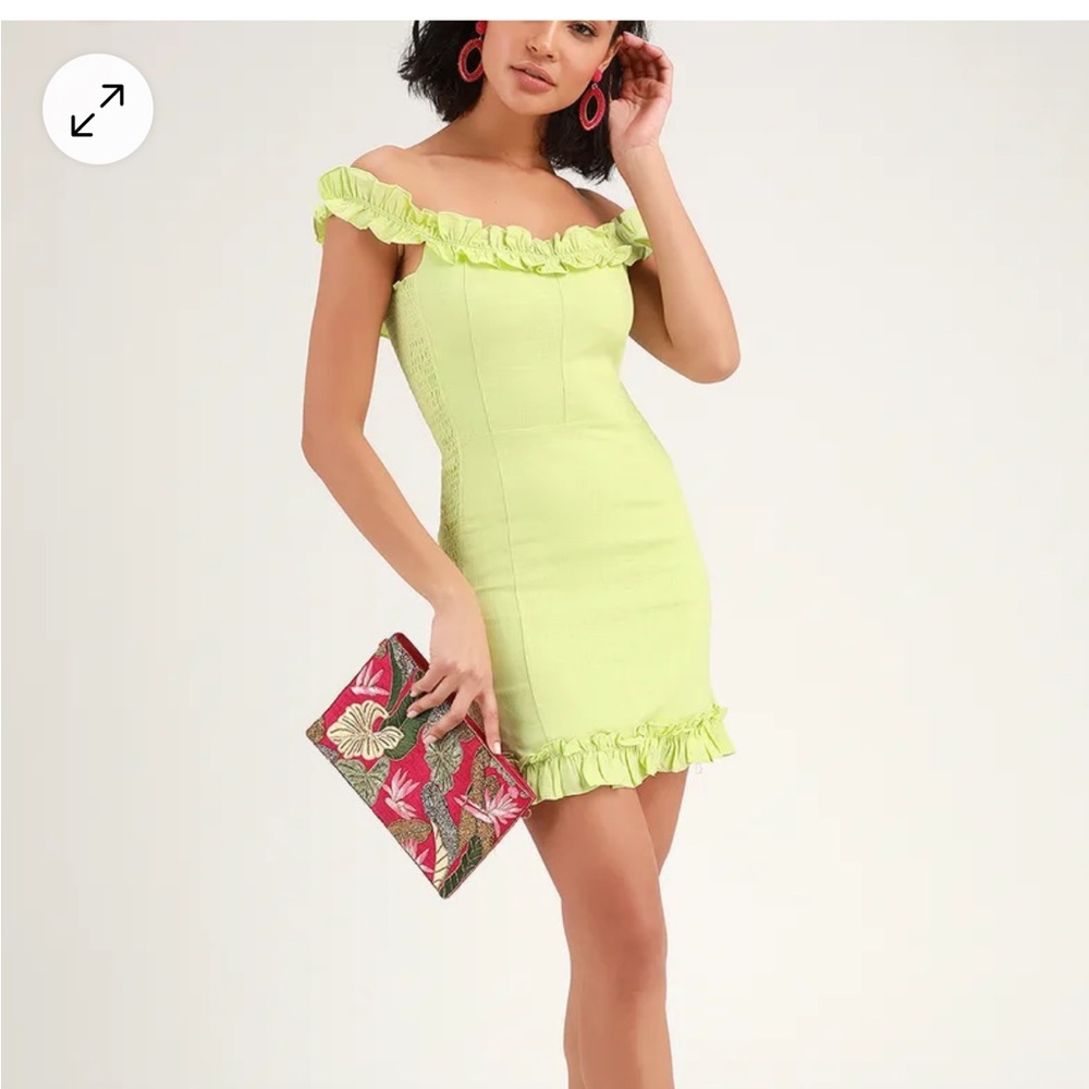 Lulu’s Lime Green Ruffled Off-the-Shoulder Bodycon Dress